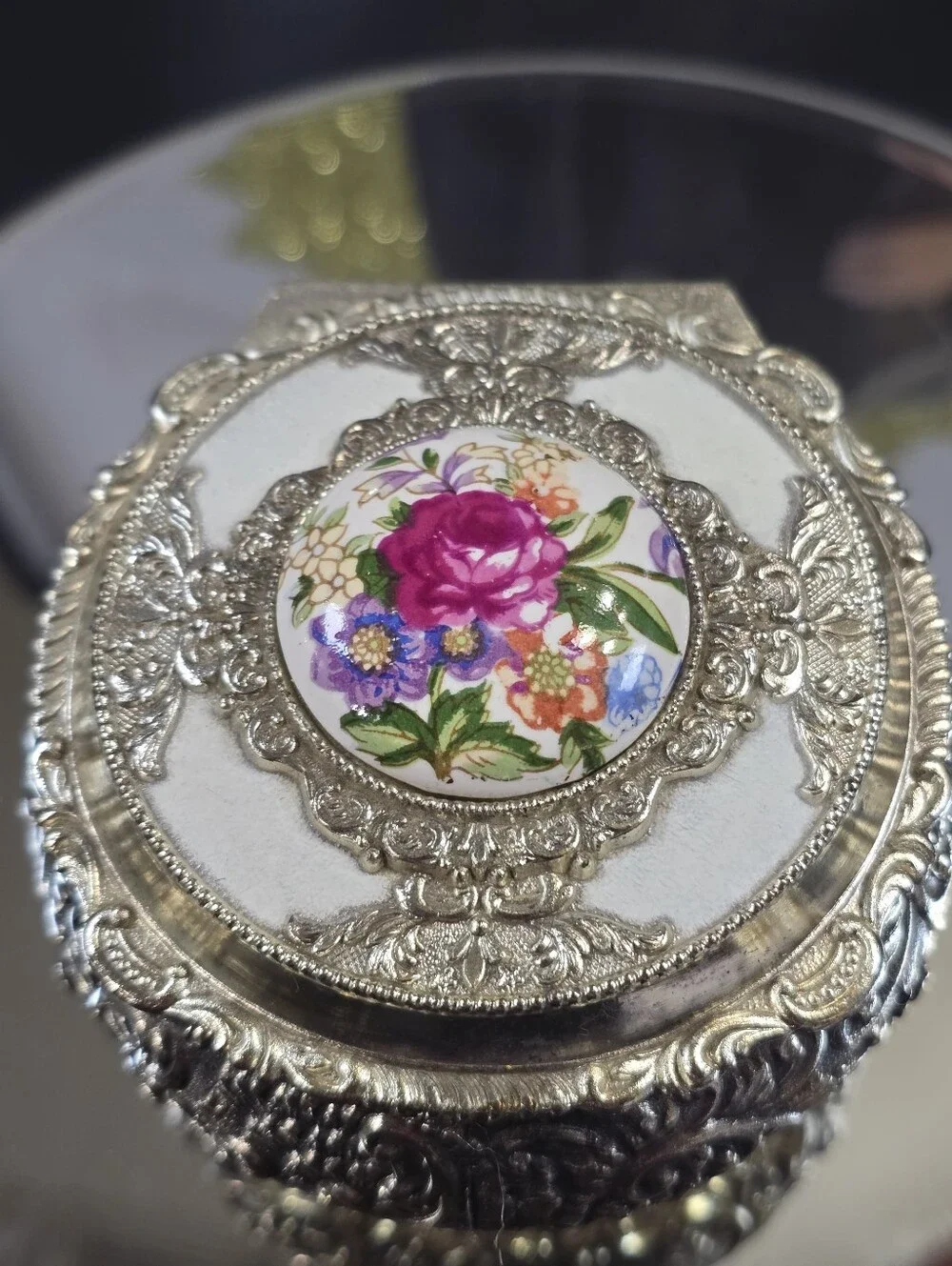 Vintage Bijoux Silver Tone Floral Round Porcelain & Metal Trinket Box
